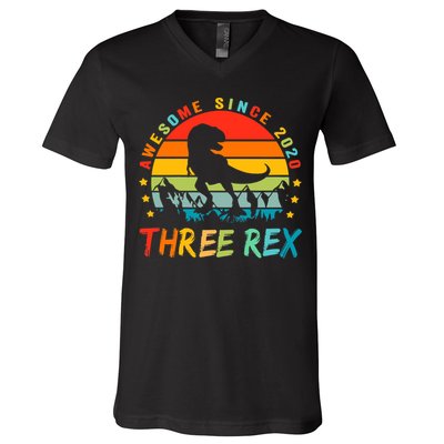 Three Rex 3rd Birthday Third Dinosaur 3 Year Old V-Neck T-Shirt