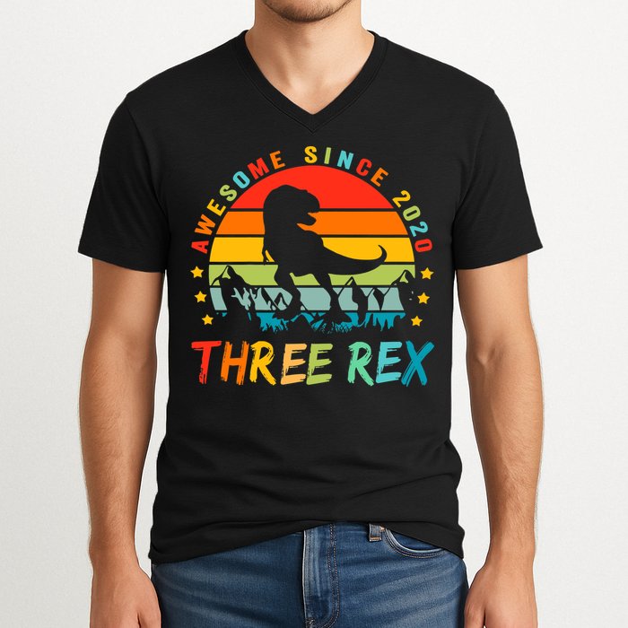 Three Rex 3rd Birthday Third Dinosaur 3 Year Old V-Neck T-Shirt