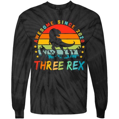 Three Rex 3rd Birthday Third Dinosaur 3 Year Old Tie-Dye Long Sleeve Shirt