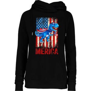 T Rex 4th Of July Dino Men American USA Flag Womens Funnel Neck Pullover Hood