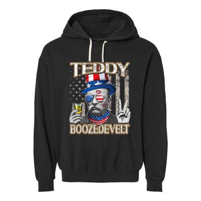 Theodore Roosevelt 4th July Teddy Boozedevelt American Flag Garment-Dyed Fleece Hoodie