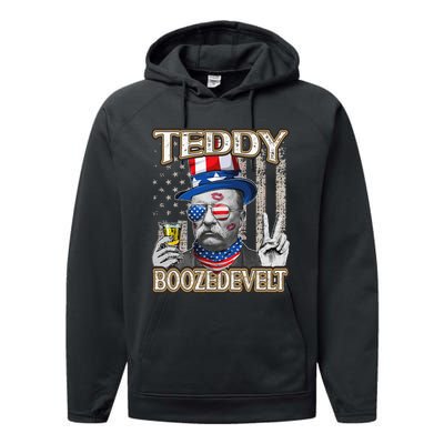 Theodore Roosevelt 4th July Teddy Boozedevelt American Flag Performance Fleece Hoodie