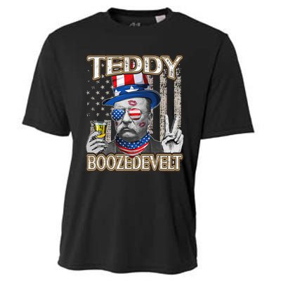 Theodore Roosevelt 4th July Teddy Boozedevelt American Flag Cooling Performance Crew T-Shirt