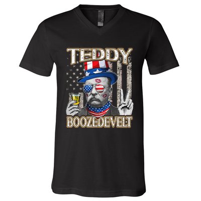 Theodore Roosevelt 4th July Teddy Boozedevelt American Flag V-Neck T-Shirt