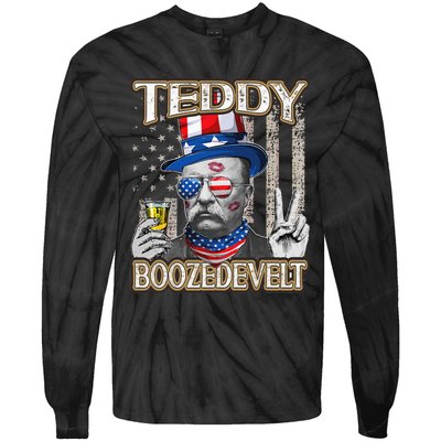 Theodore Roosevelt 4th July Teddy Boozedevelt American Flag Tie-Dye Long Sleeve Shirt