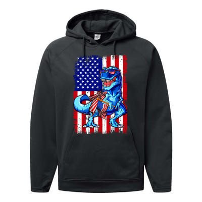 T Rex 4th Of July Dino Men American USA Flag Performance Fleece Hoodie