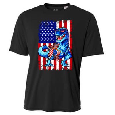 T Rex 4th Of July Dino Men American USA Flag Cooling Performance Crew T-Shirt