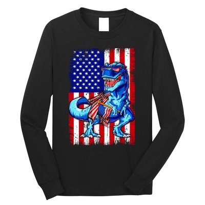 T Rex 4th Of July Dino Men American USA Flag Long Sleeve Shirt