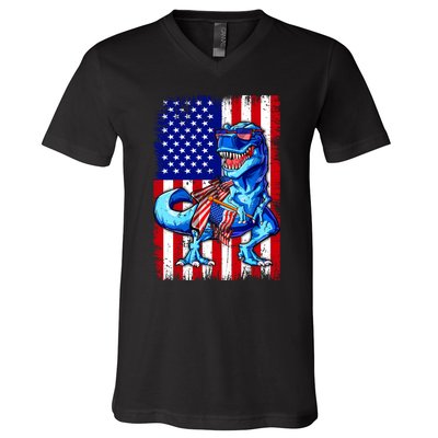 T Rex 4th Of July Dino Men American USA Flag V-Neck T-Shirt