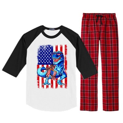 T Rex 4th Of July Dino Men American USA Flag Raglan Sleeve Pajama Set