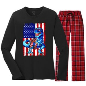 T Rex 4th Of July Dino Men American USA Flag Women's Long Sleeve Flannel Pajama Set 