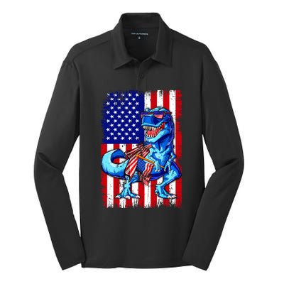 T Rex 4th Of July Dino Men American USA Flag Silk Touch Performance Long Sleeve Polo