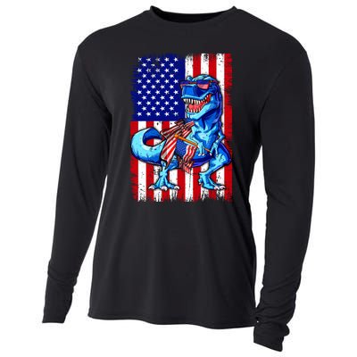 T Rex 4th Of July Dino Men American USA Flag Cooling Performance Long Sleeve Crew