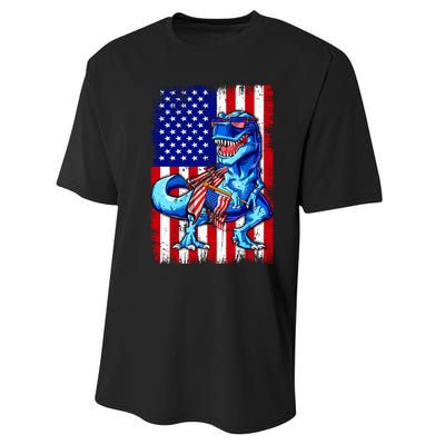 T Rex 4th Of July Dino Men American USA Flag Performance Sprint T-Shirt