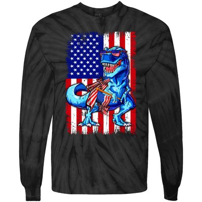 T Rex 4th Of July Dino Men American USA Flag Tie-Dye Long Sleeve Shirt