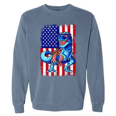 T Rex 4th Of July Dino Men American USA Flag Garment-Dyed Sweatshirt