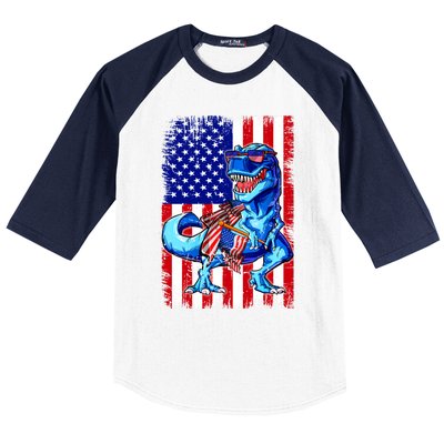 T Rex 4th Of July Dino Men American USA Flag Baseball Sleeve Shirt