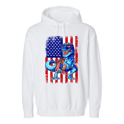 T Rex 4th Of July Dino Men American USA Flag Garment-Dyed Fleece Hoodie