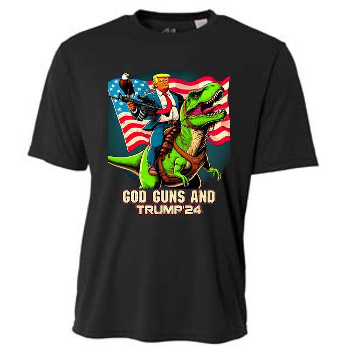 Trump Riding A Trex God Guns And Trump Cooling Performance Crew T-Shirt