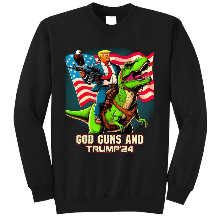 Trump Riding A Trex God Guns And Trump Tall Sweatshirt