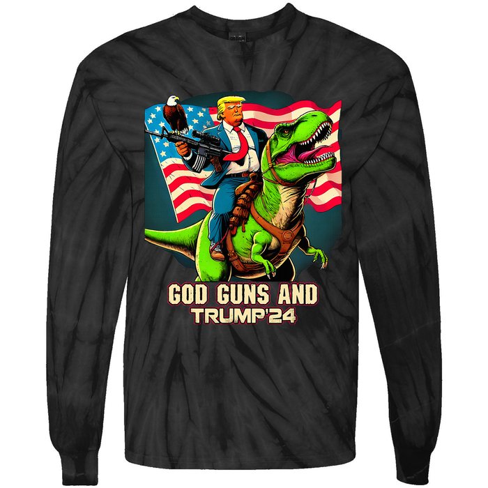 Trump Riding A Trex God Guns And Trump Tie-Dye Long Sleeve Shirt