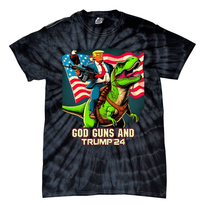 Trump Riding A Trex God Guns And Trump Tie-Dye T-Shirt