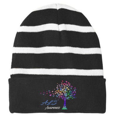 Tree Ribbon ALS Awareness Striped Beanie with Solid Band