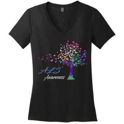 Tree Ribbon ALS Awareness Women's V-Neck T-Shirt