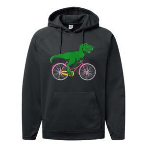 TRex Riding A Bike Funny Trex Dinosaur Bicycle Rider Performance Fleece Hoodie