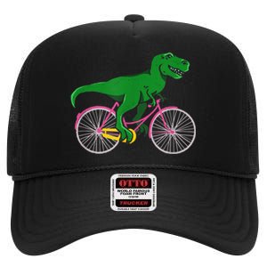 TRex Riding A Bike Funny Trex Dinosaur Bicycle Rider High Crown Mesh Back Trucker Hat