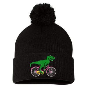 TRex Riding A Bike Funny Trex Dinosaur Bicycle Rider Pom Pom 12in Knit Beanie