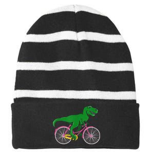 TRex Riding A Bike Funny Trex Dinosaur Bicycle Rider Striped Beanie with Solid Band