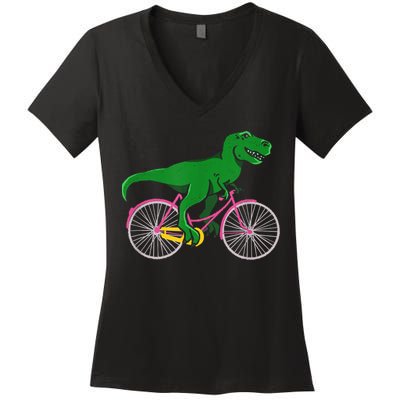 TRex Riding A Bike Funny Trex Dinosaur Bicycle Rider Women's V-Neck T-Shirt