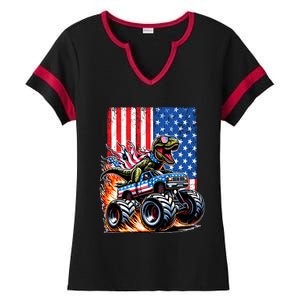 Trex Riding American Monster Truck Usa Flag Ladies Halftime Notch Neck Tee