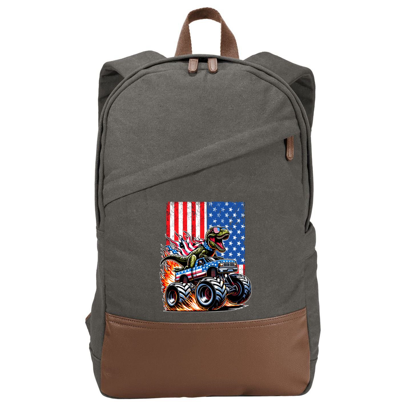 Trex Riding American Monster Truck Usa Flag Cotton Canvas Backpack