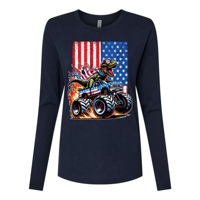 Trex Riding American Monster Truck Usa Flag Womens Cotton Relaxed Long Sleeve T-Shirt