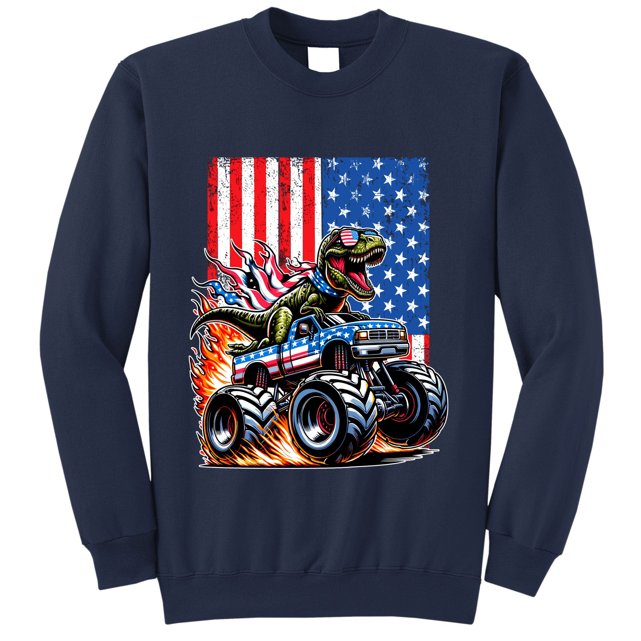 Trex Riding American Monster Truck Usa Flag Sweatshirt