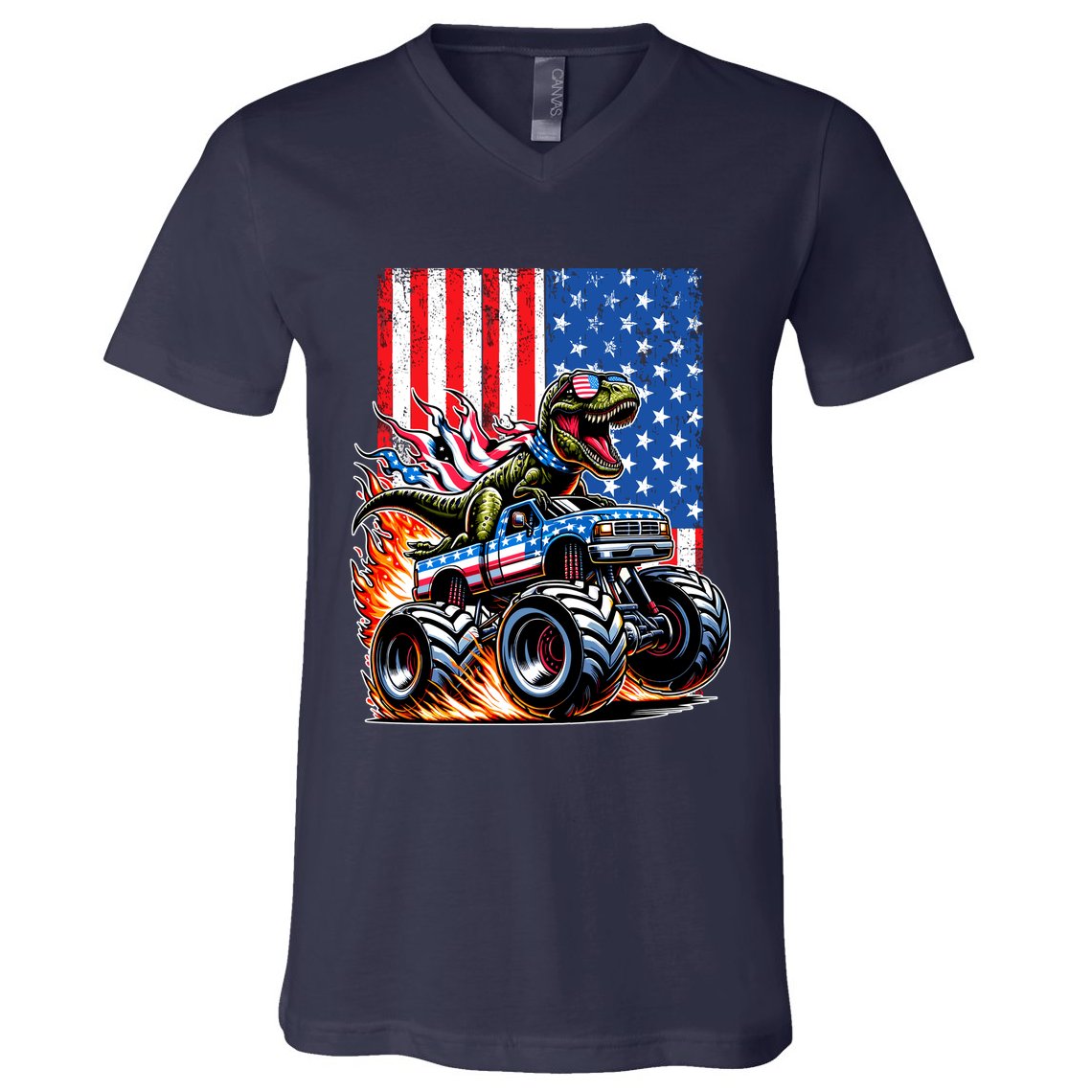 Trex Riding American Monster Truck Usa Flag V-Neck T-Shirt