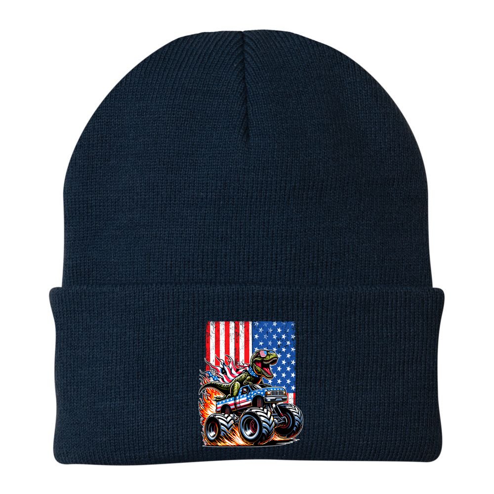 Trex Riding American Monster Truck Usa Flag Beanie