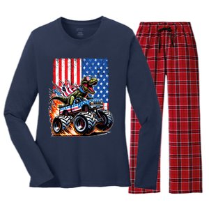 Trex Riding American Monster Truck Usa Flag Women's Long Sleeve Flannel Pajama Set 