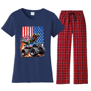 Trex Riding American Monster Truck Usa Flag Women's Flannel Pajama Set