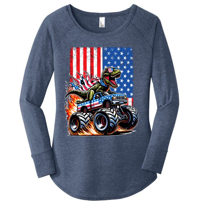 Trex Riding American Monster Truck Usa Flag Women's Perfect Tri Tunic Long Sleeve Shirt