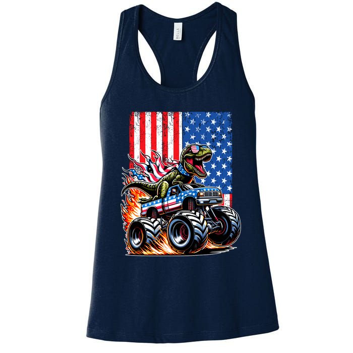 Trex Riding American Monster Truck Usa Flag Women's Racerback Tank