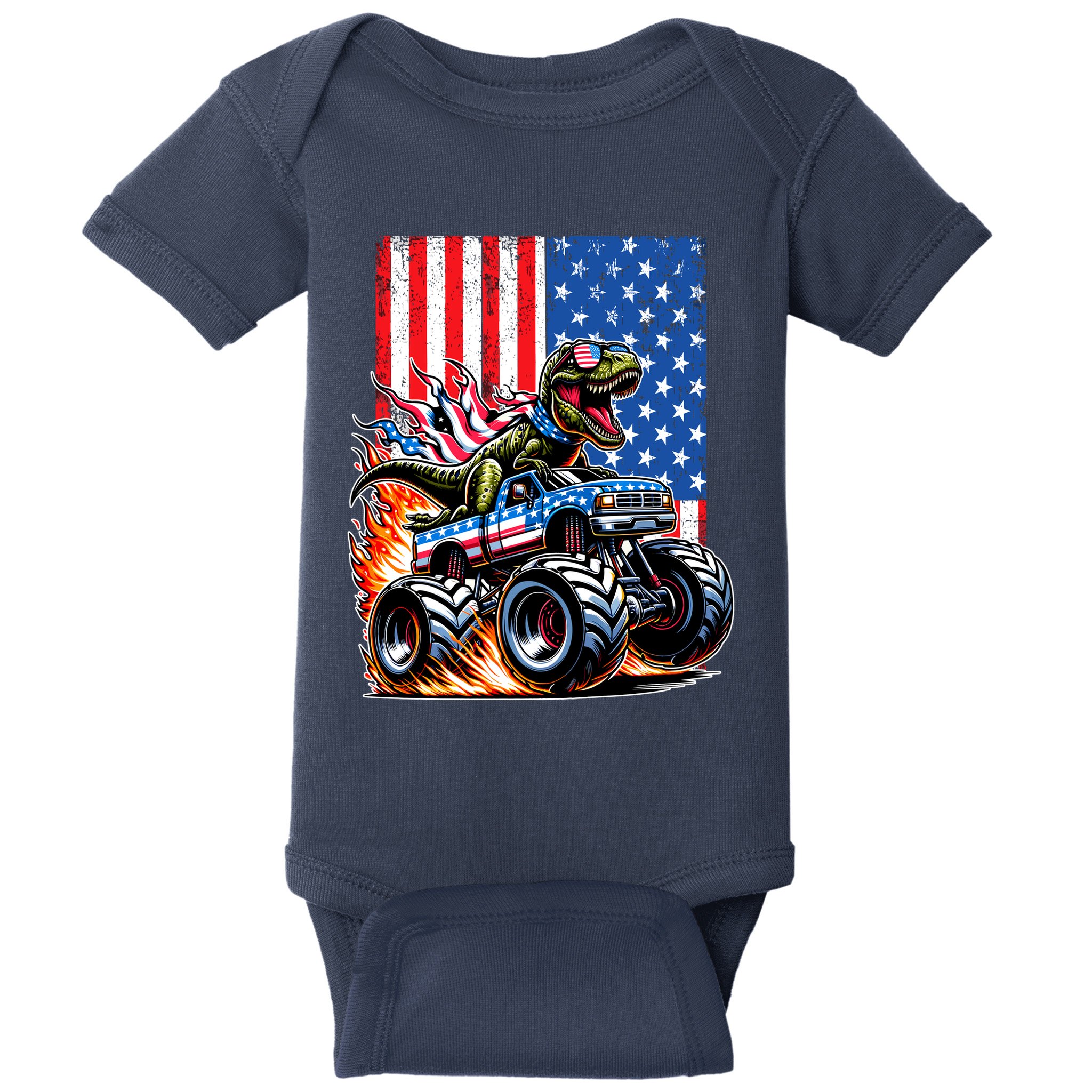 Trex Riding American Monster Truck Usa Flag Baby Bodysuit