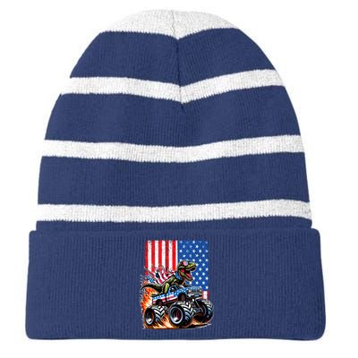 Trex Riding American Monster Truck Usa Flag Striped Beanie with Solid Band