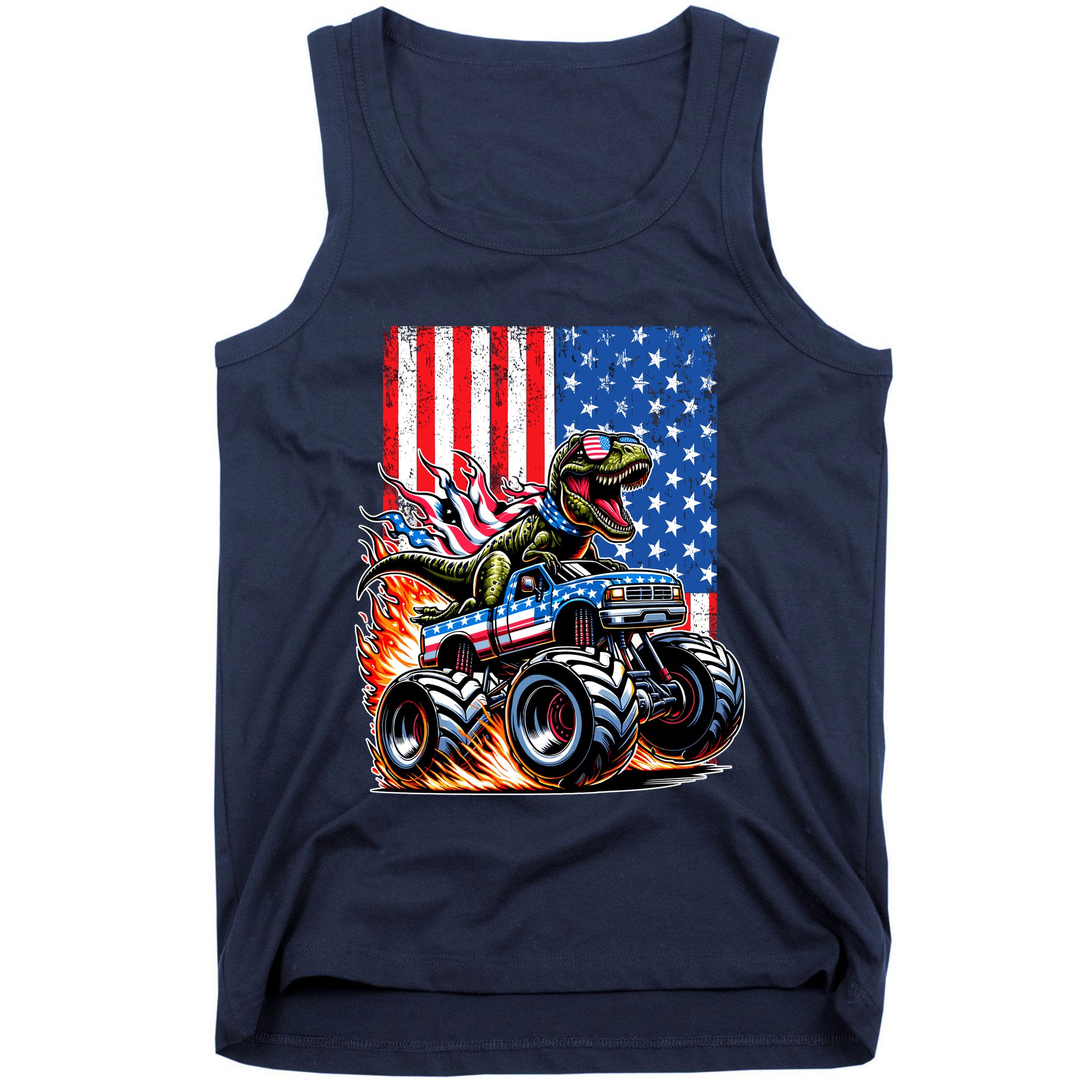 Trex Riding American Monster Truck Usa Flag Tank Top