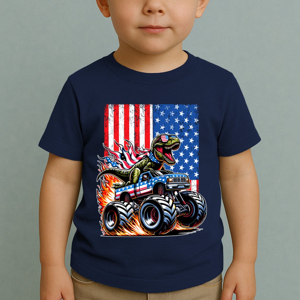Trex Riding American Monster Truck Usa Flag Toddler T-Shirt