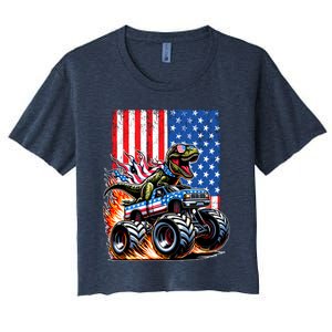 Trex Riding American Monster Truck Usa Flag Women's Crop Top Tee