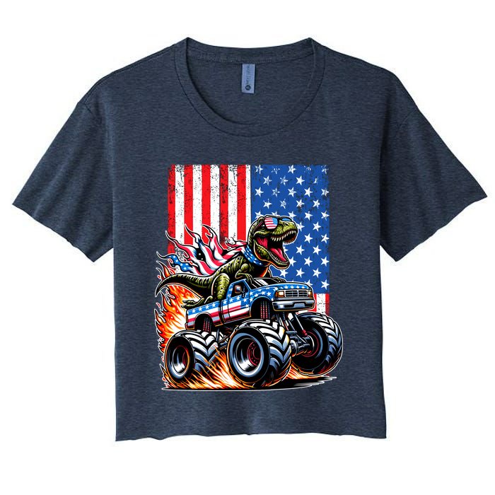 Trex Riding American Monster Truck Usa Flag Women's Crop Top Tee