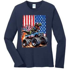 Trex Riding American Monster Truck Usa Flag Ladies Long Sleeve Shirt